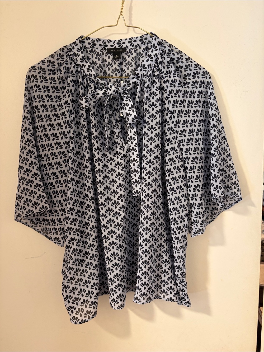 Ann Taylor Navy and White Tie-Neck Floral-Print Blouse